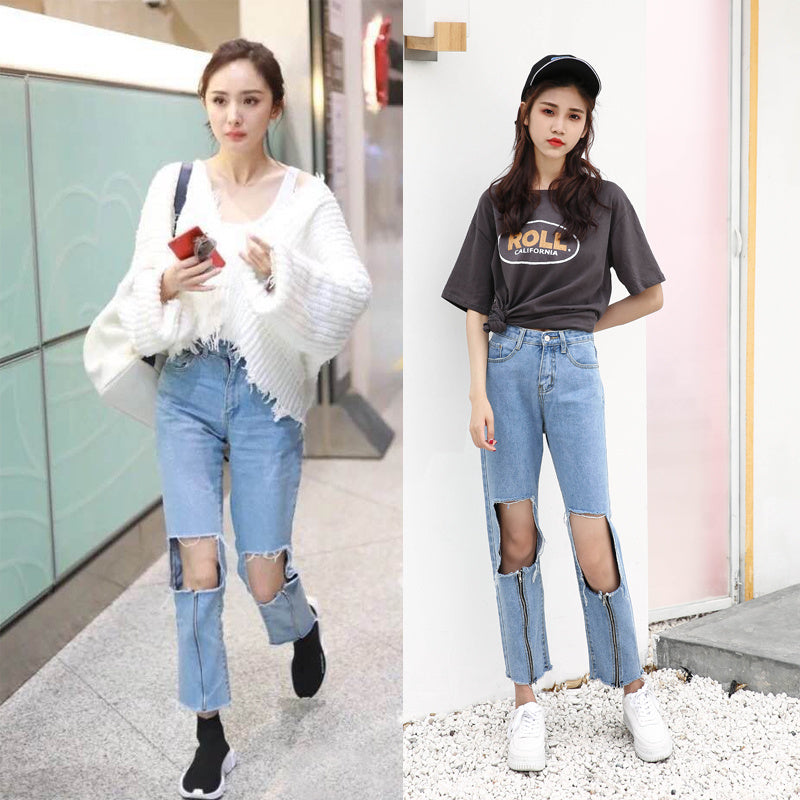 Streetwear Fake Zippers Loose Straight Jeans Woman With Holes Ankle Length Denim Pants