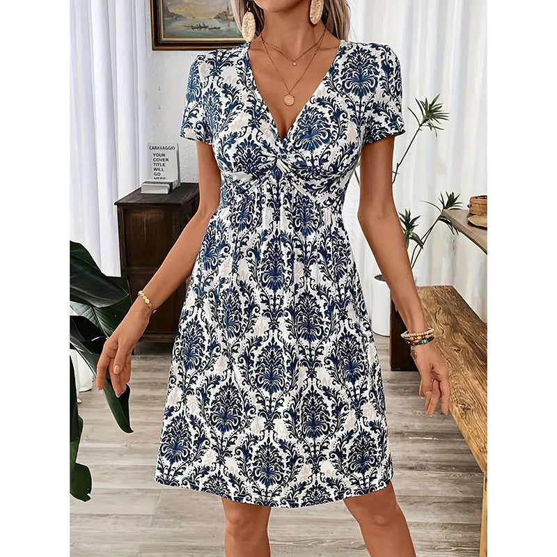 Vibrant Leopard Print Twist Front V Neck Casual Summer Short Sleeve Bodycon Mini Dresses