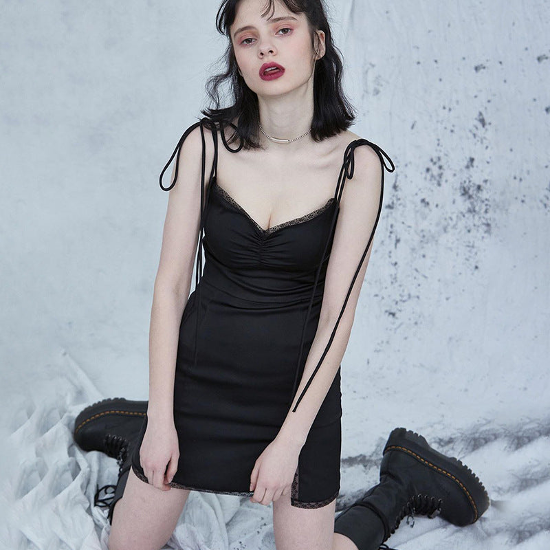 Square collar lace satin split dress