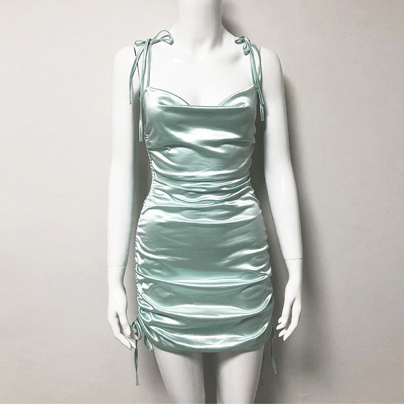 Chic Satin Cowl Neck Ruched Mini Dress with Tie Straps