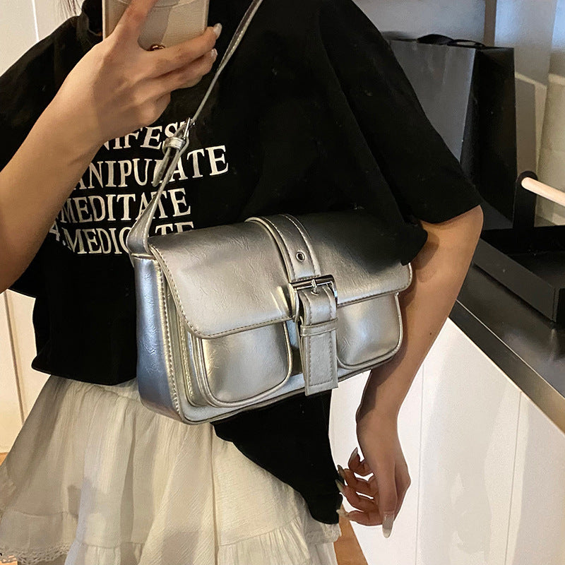 Retro Style Buckle Messenger Shoulder Bag with Front Pockets Simple Design Women's Bag Shoulder Fashion Handbag