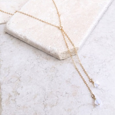 Gold Y-Necklace with Crystal Drop – Delicate Layered Lariat White Pointed Crystal Necklace Double Chain Necklace Delicate Necklace
