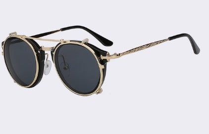 Retro Round Clip-On Sunglasses Fashionable And Vintage Dual Purpose Cover Mirror Flat Mirror Men's And Women's Sunglasses