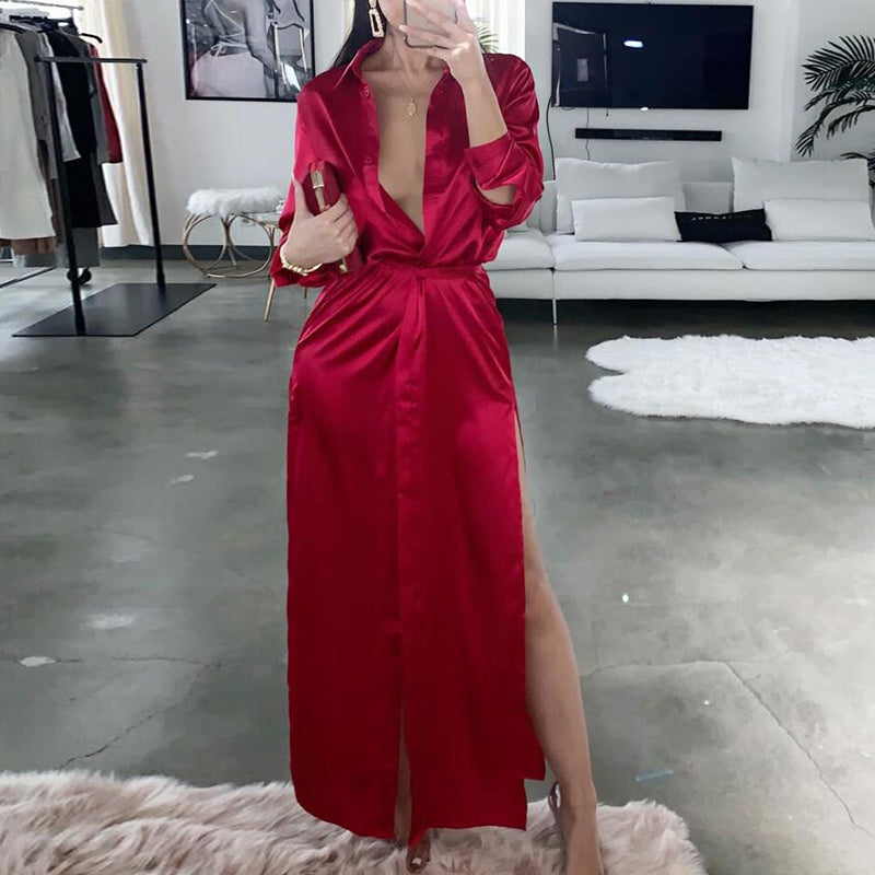 Long sleeve faux satin dress