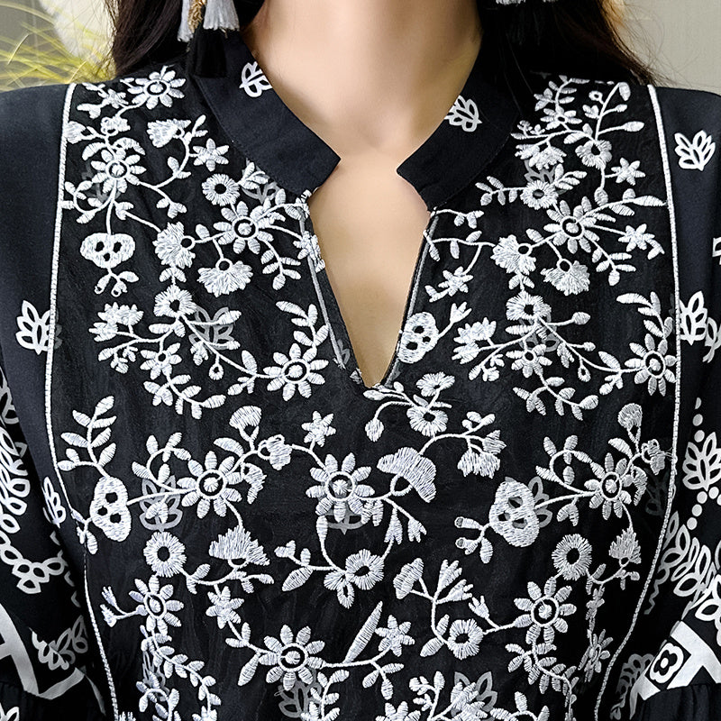 Bohemian Embroidery V-neck Dress, Elegant 3 4 Sleeve A-line Swing Maxi Dress