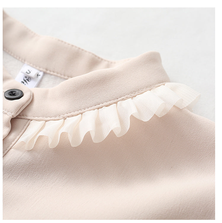 Elegant Two-Tone Ruffled Blouse - Beige & Black Korean style contrast lace long sleeve top