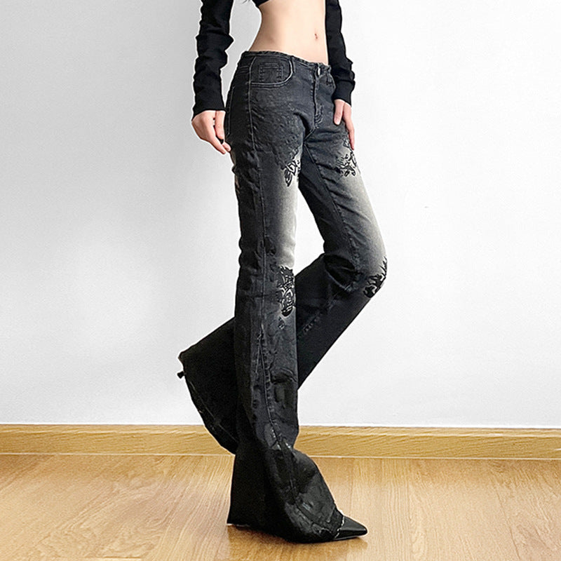 High Waist Flared Jeans – Vintage Wash with Embroidered Detail Printed Worn Jeans Slimming Washed Women