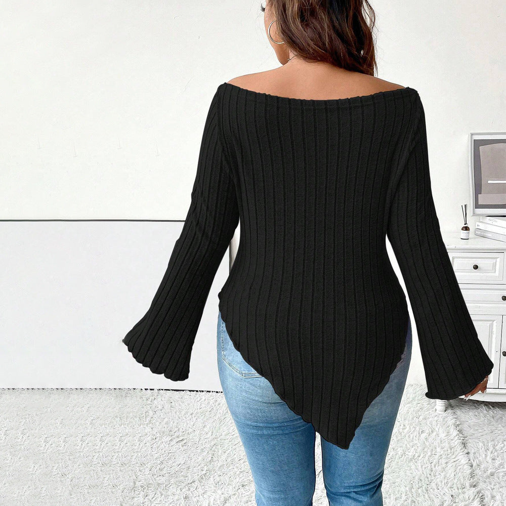 Off-neck Long Sleeve T-shirt Slim Fit Irregular Top