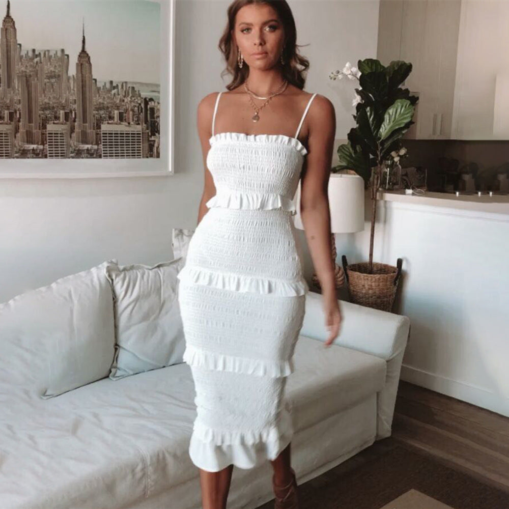 Strap Pleated Cake Dress Maxi Bodycon Dress For Women's