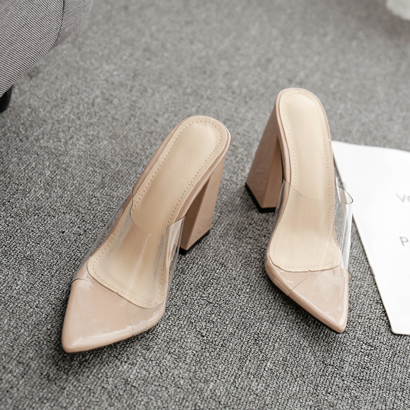 Chic Pointed Toe PVC Block Heels | Versatile Dress Shoes Transparent Film Pointed Thick Heel Slippers