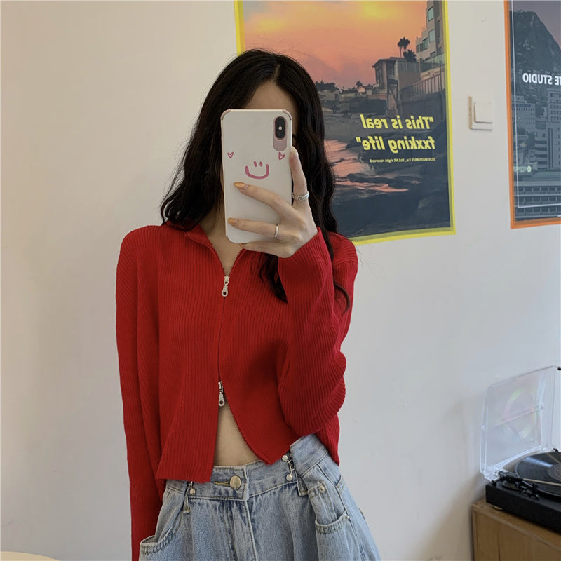 Trendy Ribbed Zip-Up Cardigan – Cropped Knit Sweater with Long Sleeves for Women Knit Sweater Short Top Women Foreign Style Cardigan