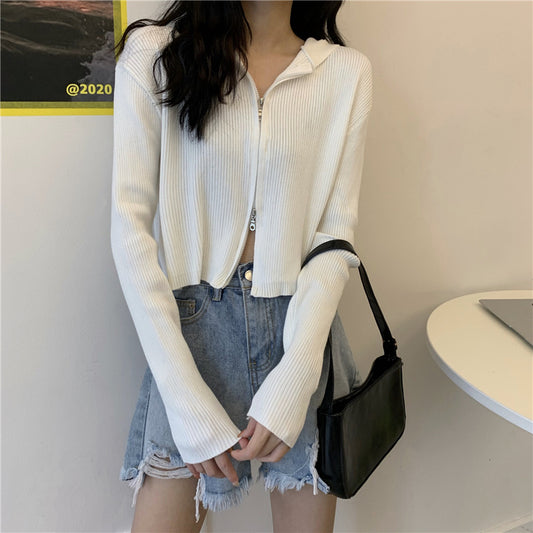 Trendy Ribbed Zip-Up Cardigan – Cropped Knit Sweater with Long Sleeves for Women Knit Sweater Short Top Women Foreign Style Cardigan