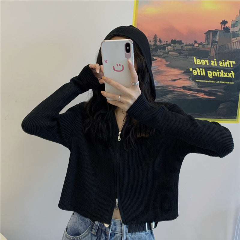 Trendy Ribbed Zip-Up Cardigan – Cropped Knit Sweater with Long Sleeves for Women Knit Sweater Short Top Women Foreign Style Cardigan