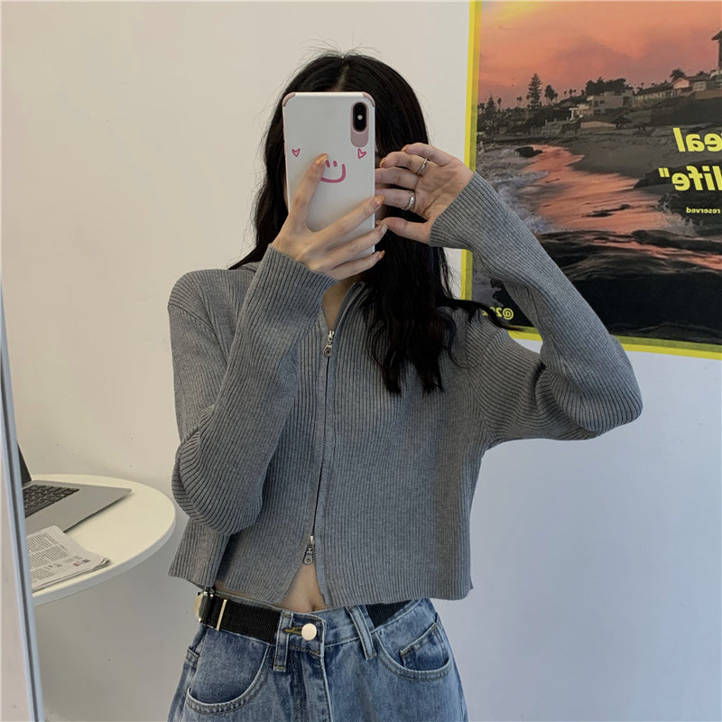 Trendy Ribbed Zip-Up Cardigan – Cropped Knit Sweater with Long Sleeves for Women Knit Sweater Short Top Women Foreign Style Cardigan