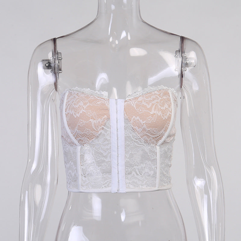Sexy Sleeveless Hook Lace Corset Crop Top For Women Party Clubwear Tube Top 2000s Aesthetic Flower Print Tank Tops