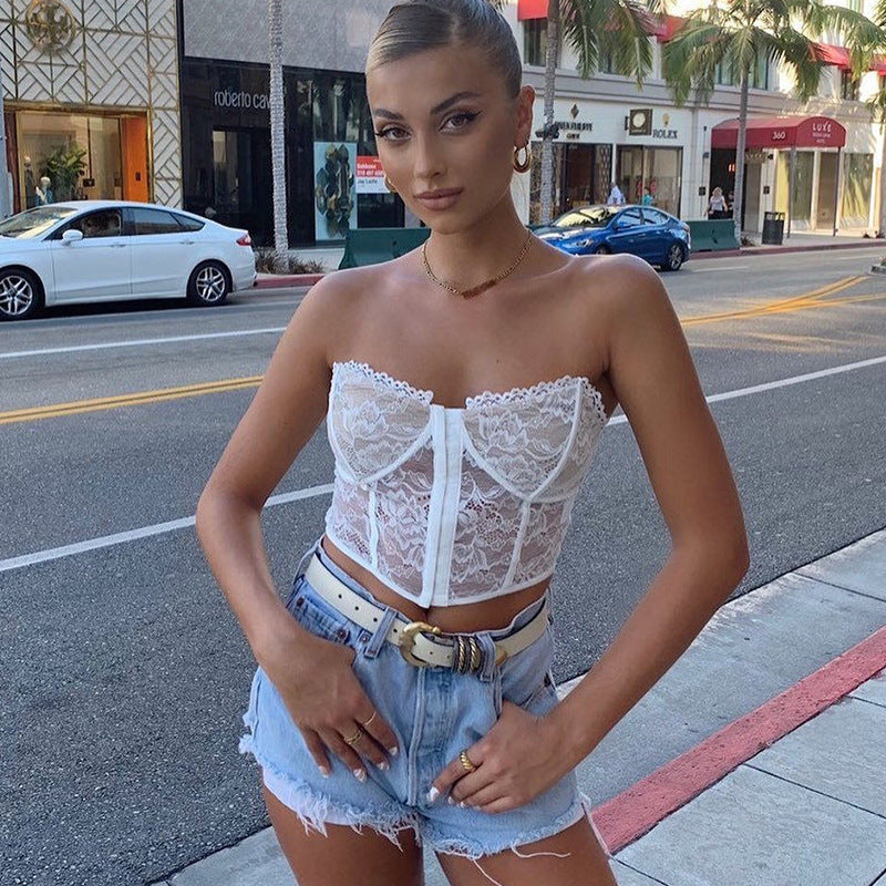 Sexy Sleeveless Hook Lace Corset Crop Top For Women Party Clubwear Tube Top 2000s Aesthetic Flower Print Tank Tops