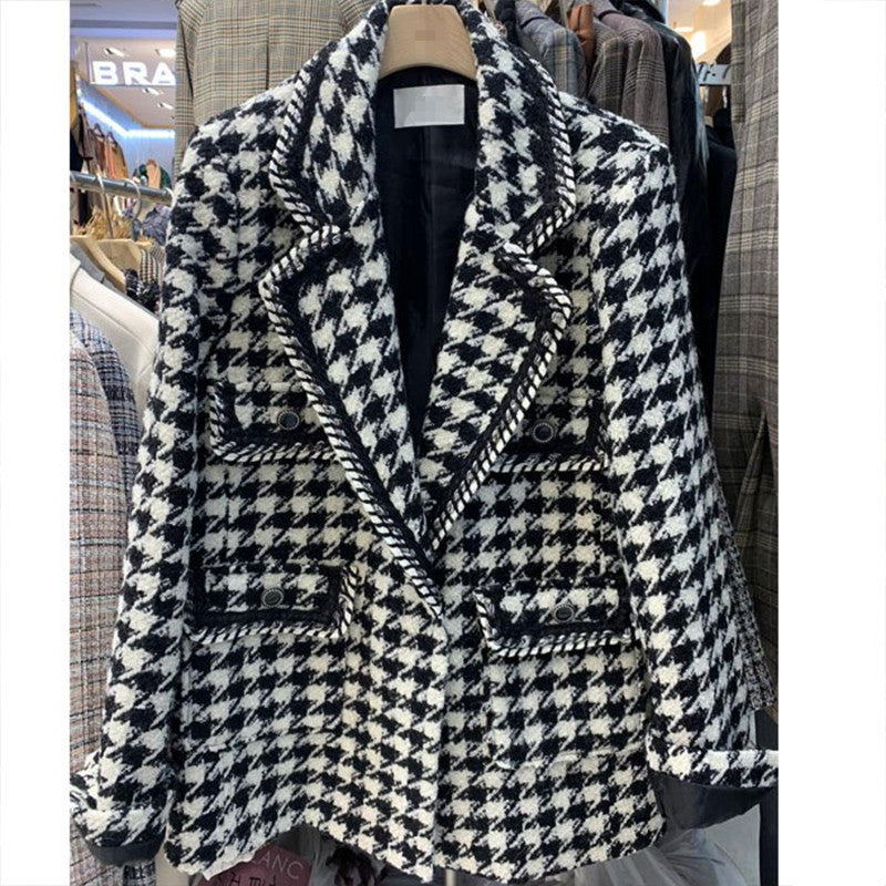 Elegant Black & White Checkered Blazer Coat Women's French Loose Woven Tweed Top