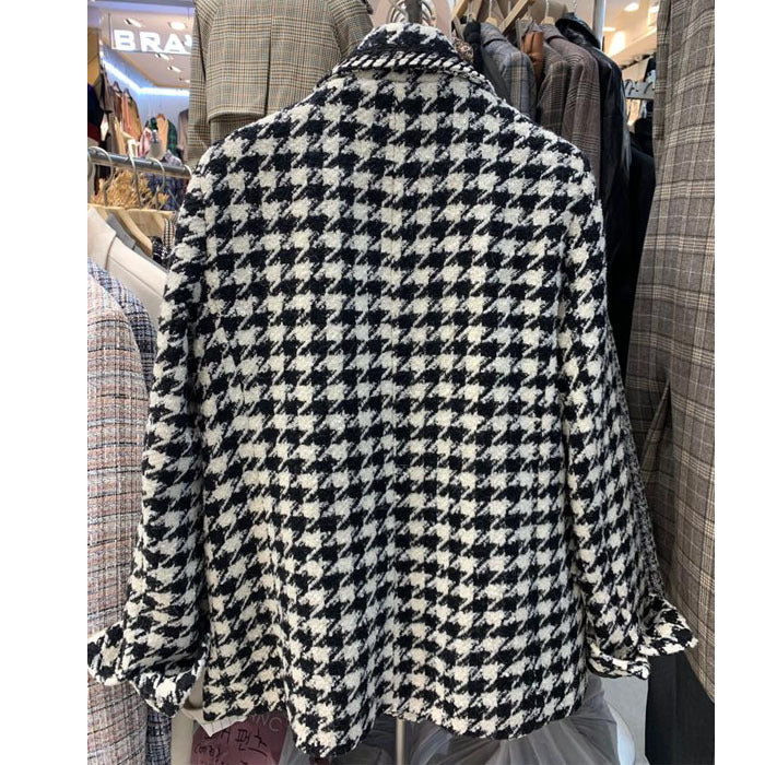 Elegant Black & White Checkered Blazer Coat Women's French Loose Woven Tweed Top