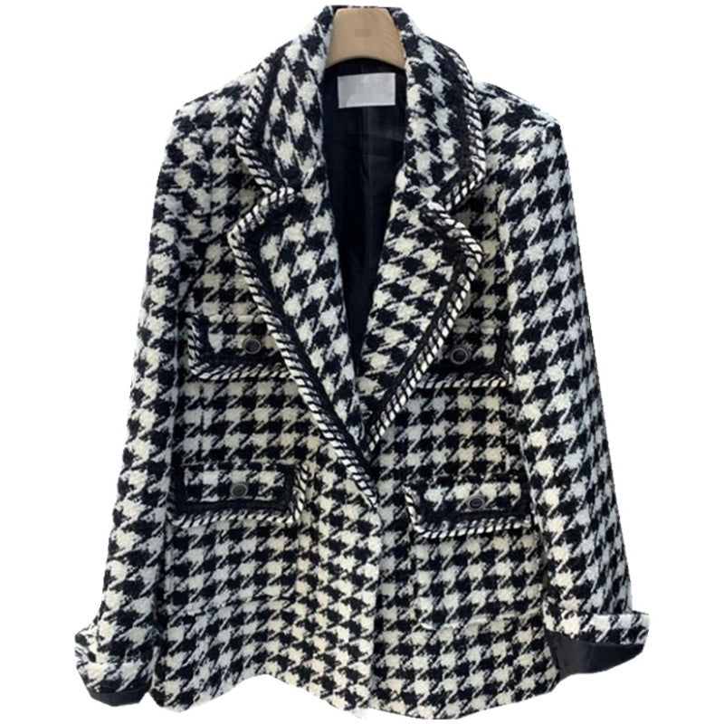 Elegant Black & White Checkered Blazer Coat Women's French Loose Woven Tweed Top