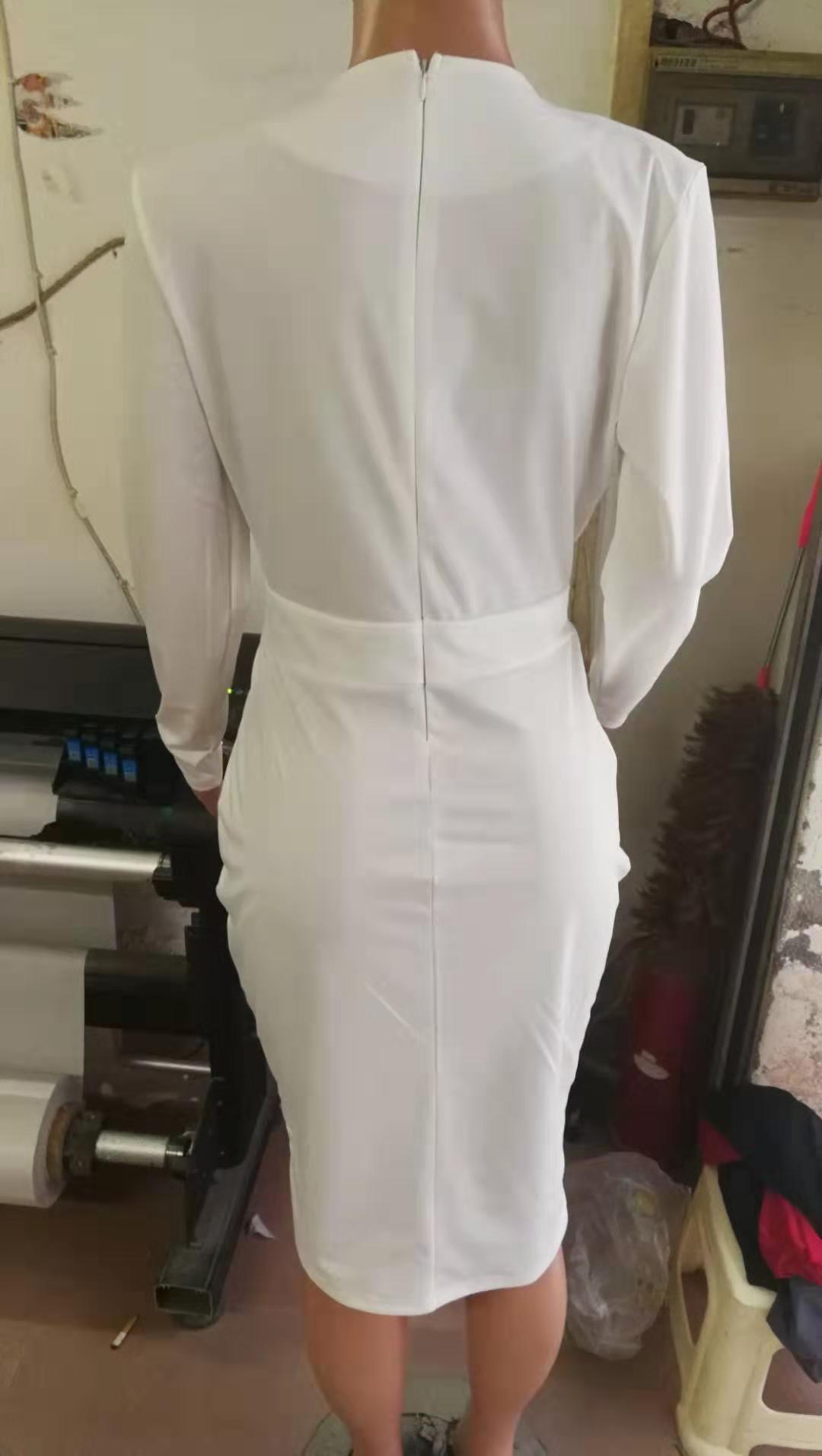 Elegant White Long Sleeve Midi Dress with Tie Waist Belt | Chic Business & Casual Attire