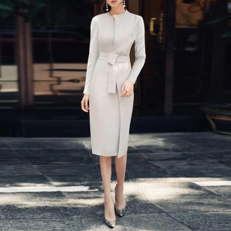 Elegant White Long Sleeve Midi Dress with Tie Waist Belt | Chic Business & Casual Attire