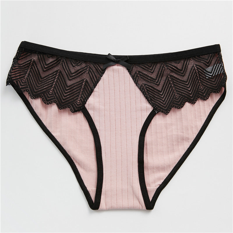 Lace & Ribbed Cotton Briefs - Comfortable Everyday Panties Low Waist Girlie Lace Panty Breathable Pink