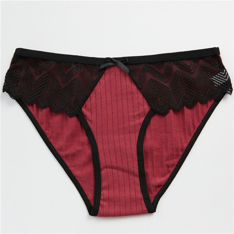 Lace & Ribbed Cotton Briefs - Comfortable Everyday Panties Low Waist Girlie Lace Panty Breathable Pink