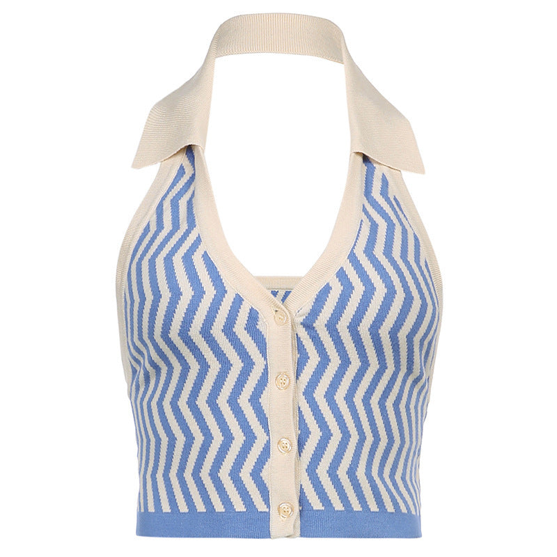 AliExpress Ins Street Fashion Wave Striped Deep V Halter Halter Slim Vest