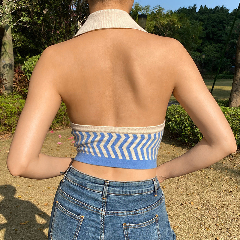 AliExpress Ins Street Fashion Wave Striped Deep V Halter Halter Slim Vest