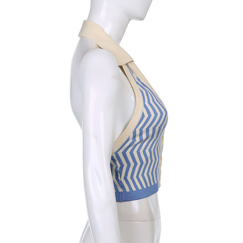 AliExpress Ins Street Fashion Wave Striped Deep V Halter Halter Slim Vest