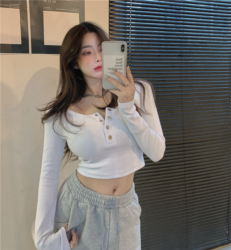 Versatile Long Sleeve Cropped Henley - Everyday Basic Top Fashionable Korean Style All-match Button Design Top