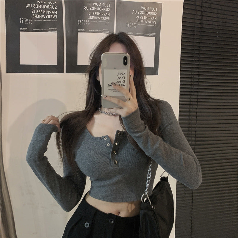 Versatile Long Sleeve Cropped Henley - Everyday Basic Top Fashionable Korean Style All-match Button Design Top
