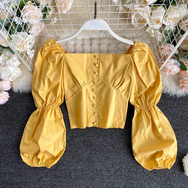 French Square Collar Single-breasted Buttoned Shirt with Clavicle