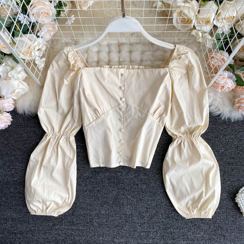 French Square Collar Single-breasted Buttoned Shirt with Clavicle