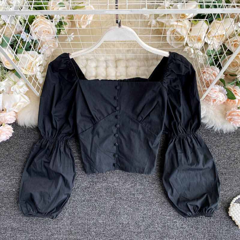 French Square Collar Single-breasted Buttoned Shirt with Clavicle