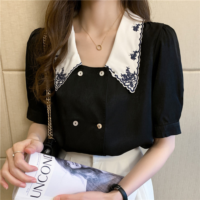 Embroidered Sailor Collar Blouse - Short Sleeve Korean Fashion Design French Puff Sleeve Korean French Top
