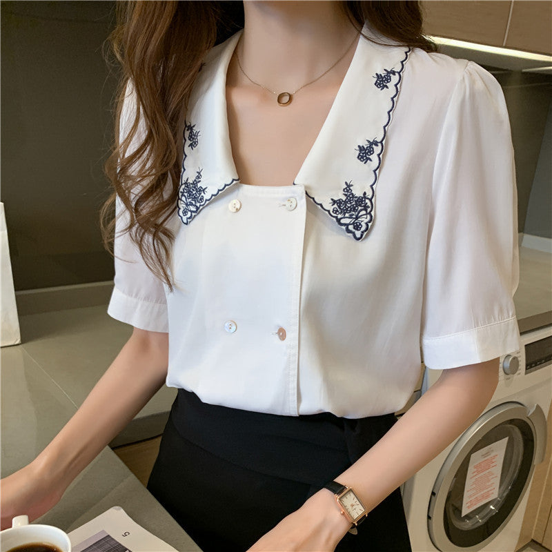 Embroidered Sailor Collar Blouse - Short Sleeve Korean Fashion Design French Puff Sleeve Korean French Top