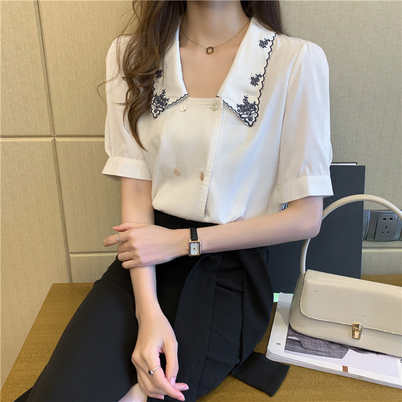 Embroidered Sailor Collar Blouse - Short Sleeve Korean Fashion Design French Puff Sleeve Korean French Top