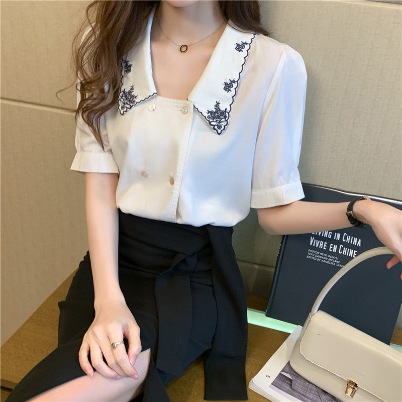 Embroidered Sailor Collar Blouse - Short Sleeve Korean Fashion Design French Puff Sleeve Korean French Top