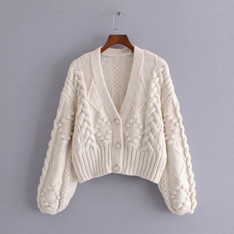 Chunky Knit Bubble Sleeve Cardigan – Cream Cable Knit with Button Front Women's Slimming Costume Button Knitted Jacket