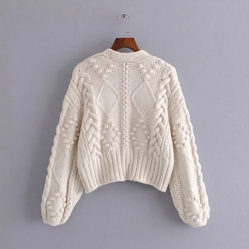 Chunky Knit Bubble Sleeve Cardigan – Cream Cable Knit with Button Front Women's Slimming Costume Button Knitted Jacket