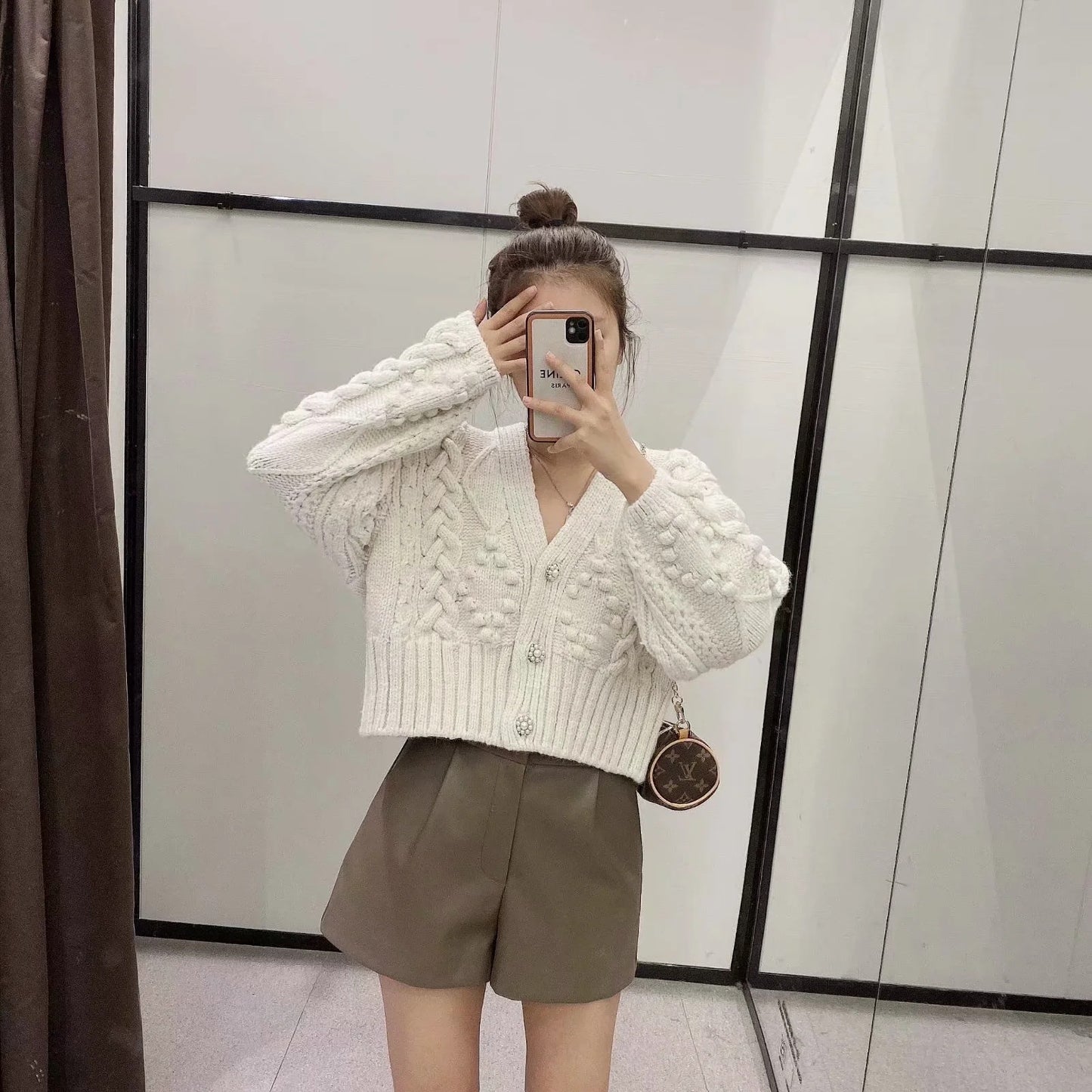 Chunky Knit Bubble Sleeve Cardigan – Cream Cable Knit with Button Front Women's Slimming Costume Button Knitted Jacket