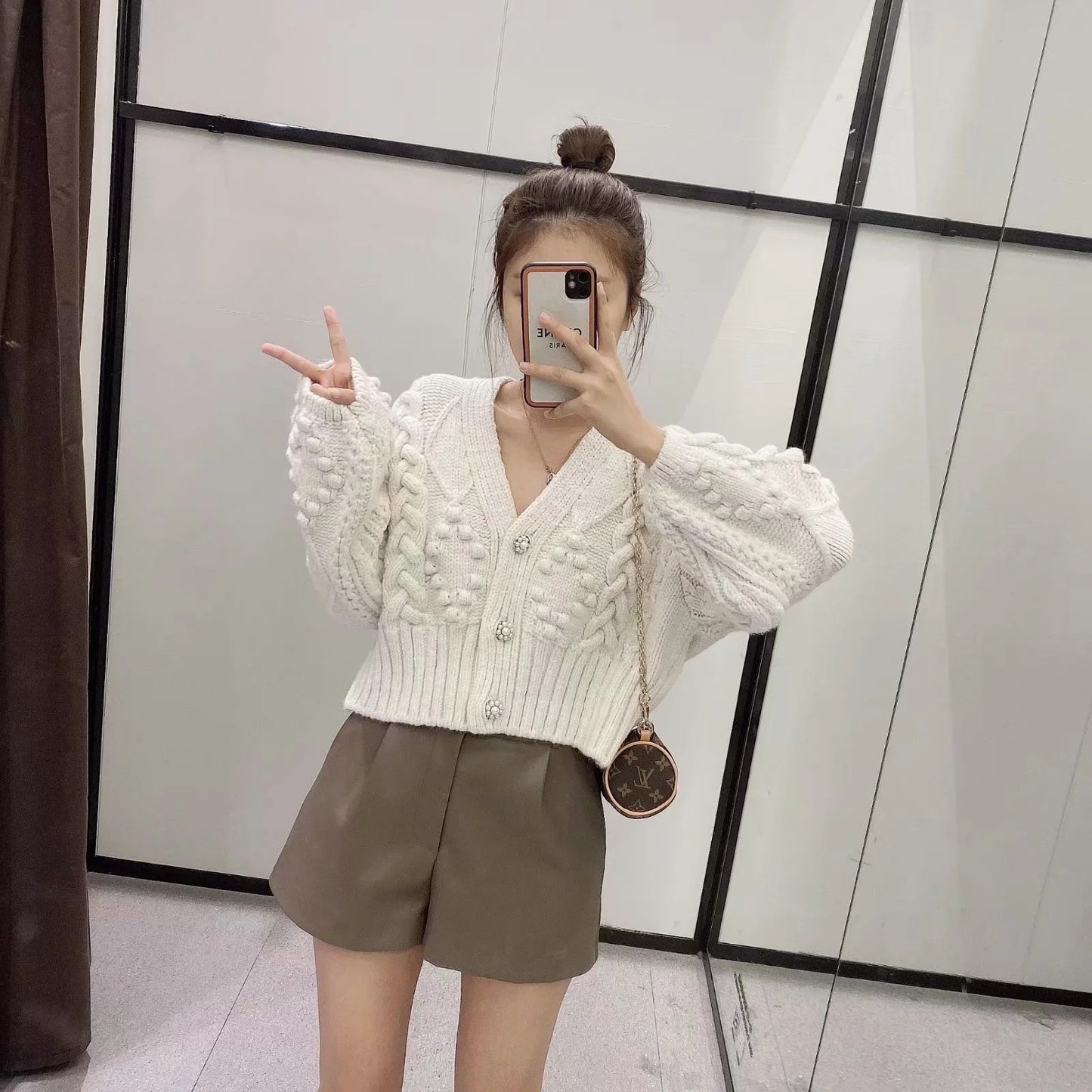 Chunky Knit Bubble Sleeve Cardigan – Cream Cable Knit with Button Front Women's Slimming Costume Button Knitted Jacket