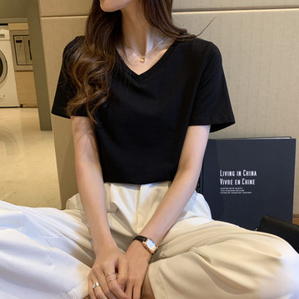 Korean V-Neck T-Shirt Korean Style Solid Color t-Shirt Top
