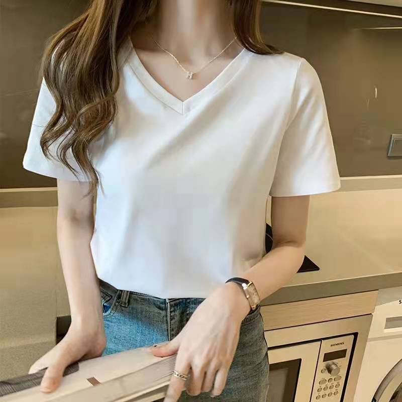 Korean V-Neck T-Shirt Korean Style Solid Color t-Shirt Top