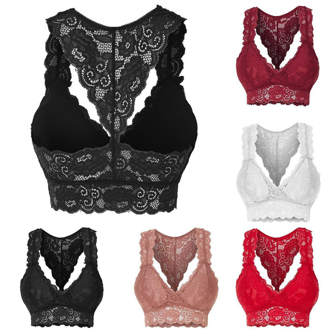 Sheer Floral Lace Racerback Bralette Solid Color Hollow Lace Underwear Bra