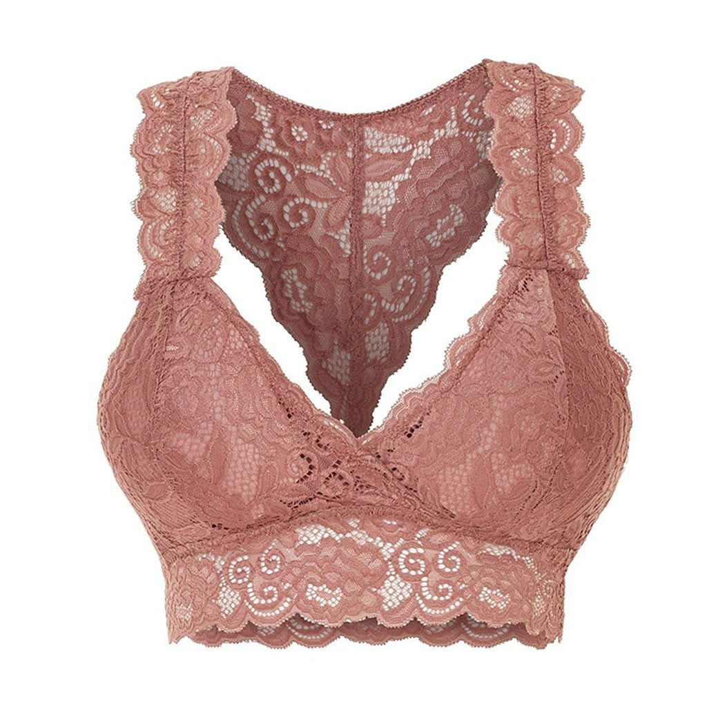 Sheer Floral Lace Racerback Bralette Solid Color Hollow Lace Underwear Bra