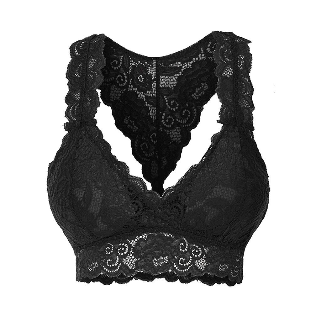 Sheer Floral Lace Racerback Bralette Solid Color Hollow Lace Underwear Bra