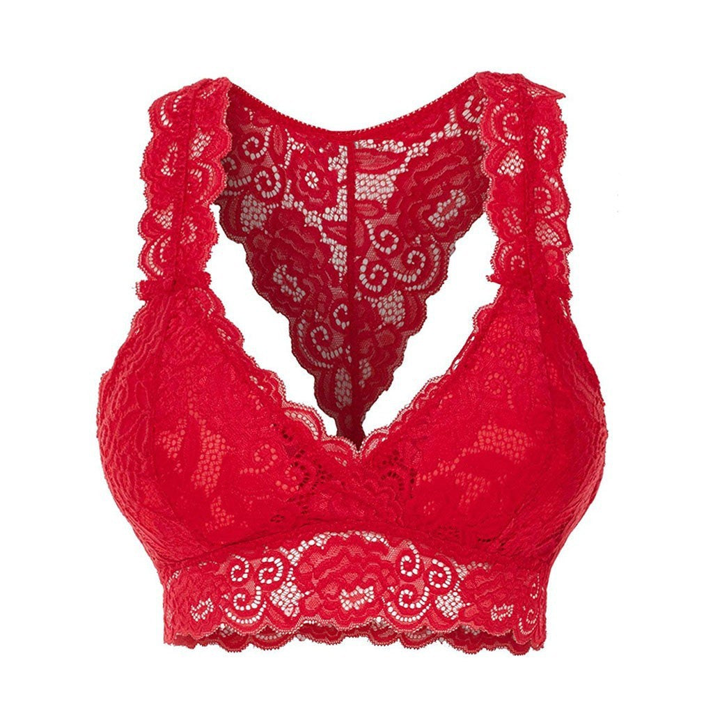 Sheer Floral Lace Racerback Bralette Solid Color Hollow Lace Underwear Bra