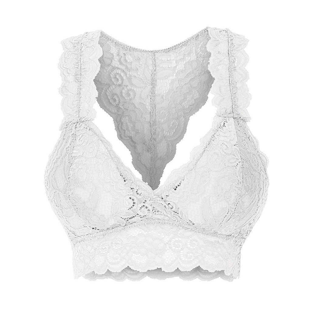 Sheer Floral Lace Racerback Bralette Solid Color Hollow Lace Underwear Bra